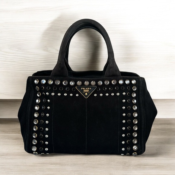 Authentic PRADA Triple Studded Black Denim Canapa Mini Tote Bag - Picture 1 of 14